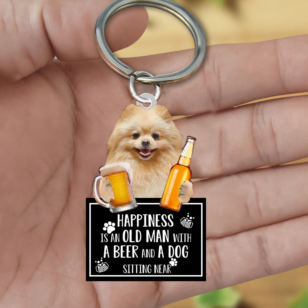 Pomeranian Happiness Is An Old Man With A Beer And A Dog Sitting Near Acrylic Keychain