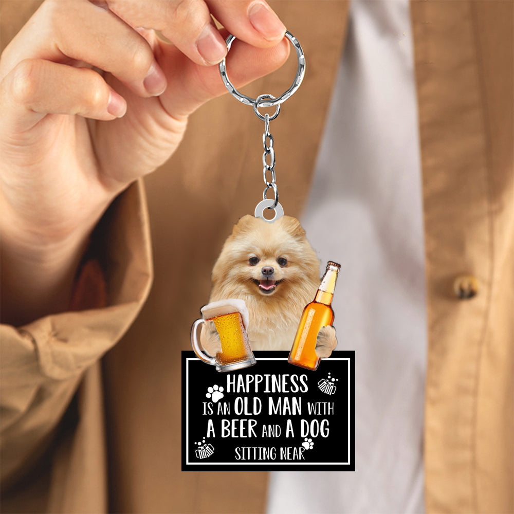 Pomeranian Happiness Is An Old Man With A Beer And A Dog Sitting Near Acrylic Keychain