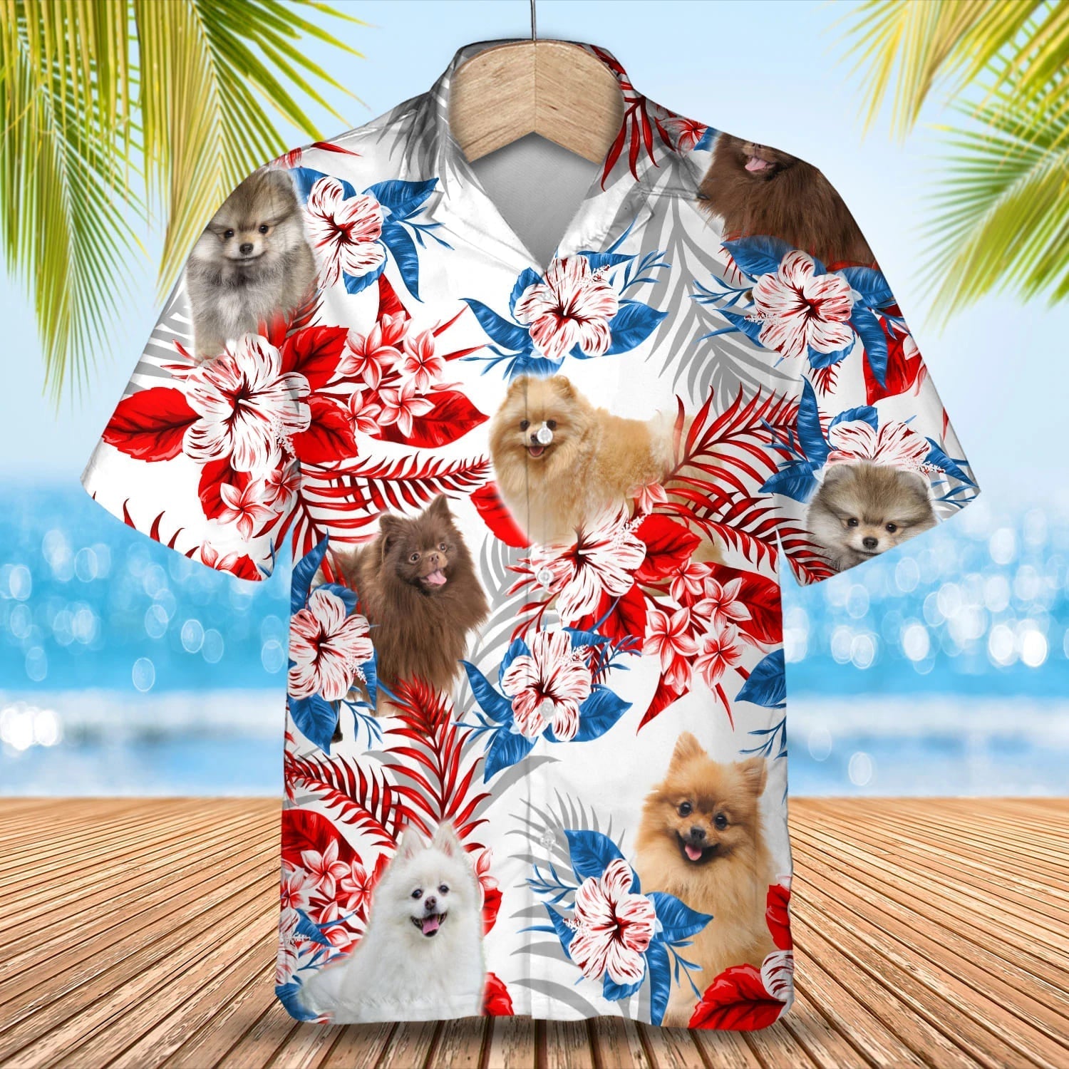 Pomeranian flower American flag Hawaiian Shirt/ Summer aloha shirt/ Men Hawaiian shirt/ Gift for summer