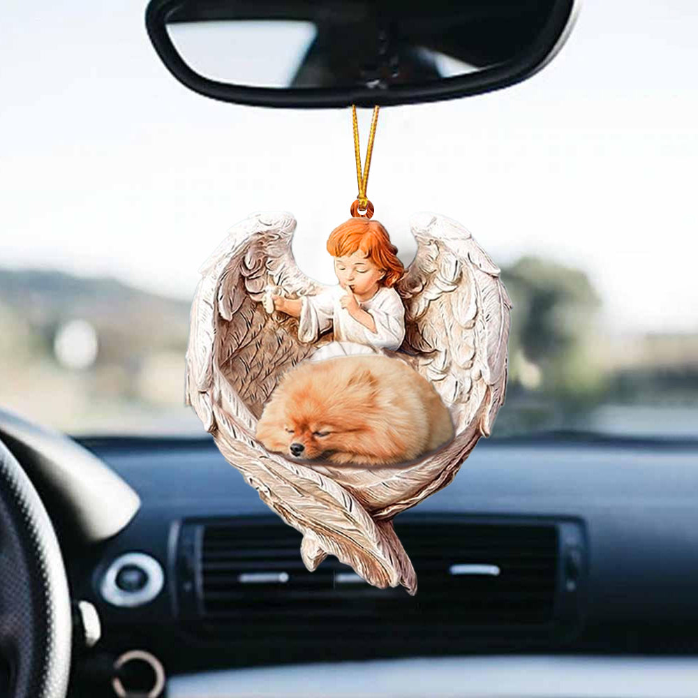 Sleeping Pomeranian Protected By Angel Acrylic Hanging Ornament For Car Home Décor