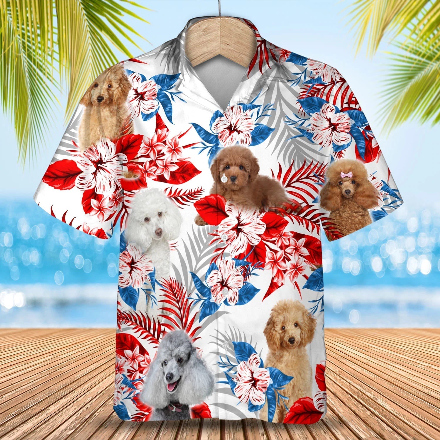 Poodle flower American flag Hawaiian Shirt/ Summer aloha shirt/ Men Hawaiian shirt/ Gift for summer