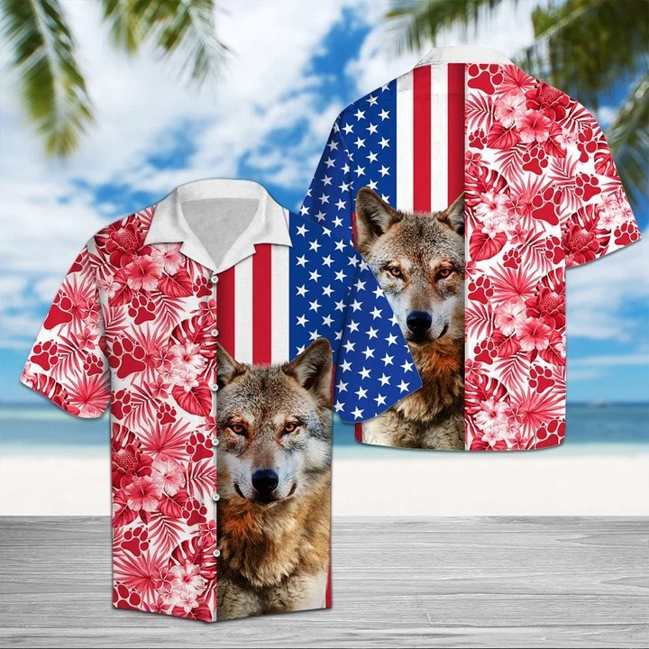 Portrait Of Wolf Usa And Tropical Red Plant Pattern Hawaiian Shirt