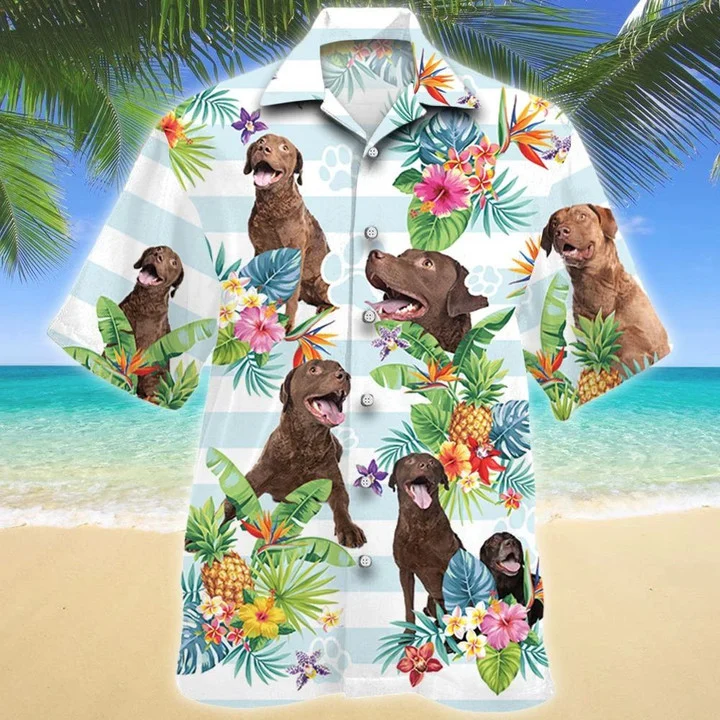 Chesapeake Bay Retriever Dog Tropical Flower Paw Hawaiian Shirt - Summer Button Down Mens Hawaiian Shirts Short Sleeve