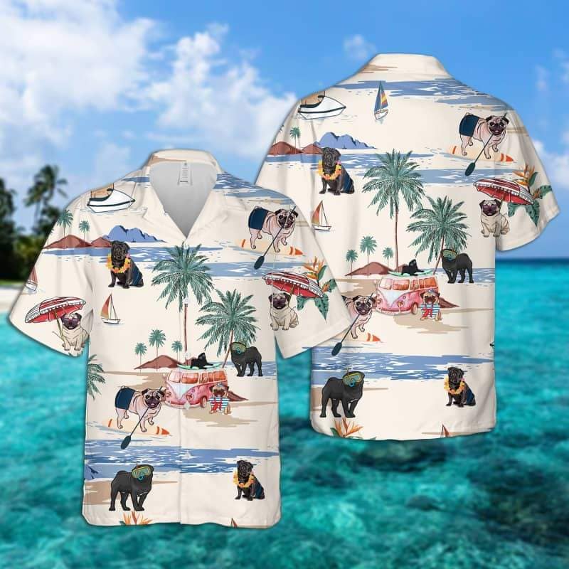Pug Beach Summer Hawaiian Shirt/ dog beach Short Sleeve Hawaiian Shirt