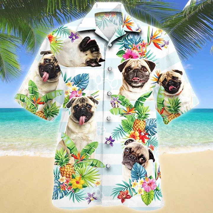Pug Dog Paw Tropical Flower Blue And White Stripe Hawaiian Shirt/ Short Sleeve Hawaiian Aloha Shirt for men and women