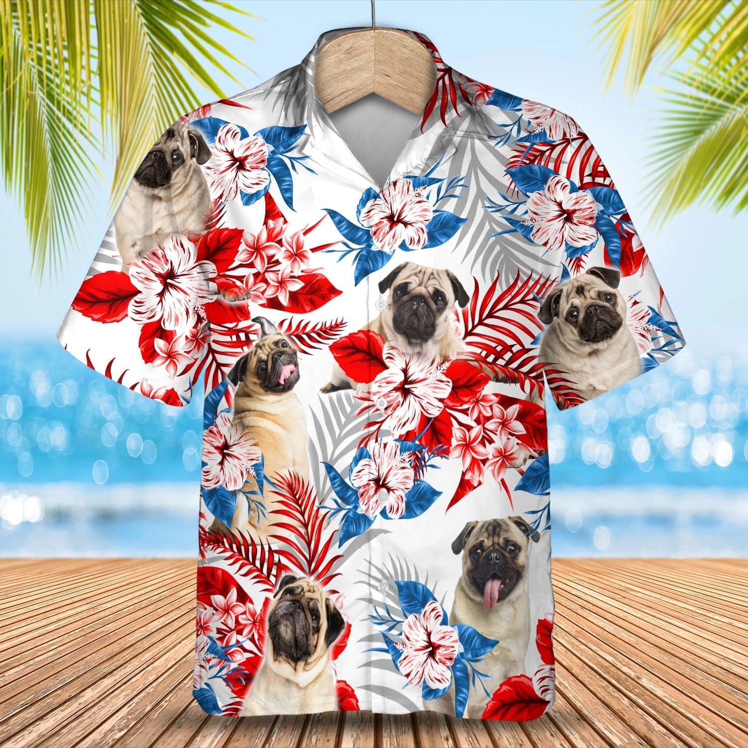 Pug flower American flag Hawaiian Shirt/ Summer aloha shirt/ Men Hawaiian shirt/ Gift for summer