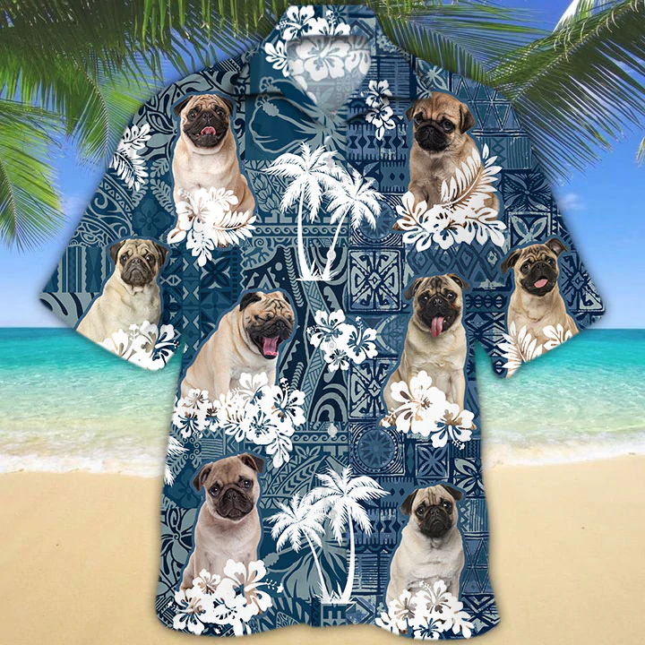 Pug Hawaiian Shirt/ beach Floral Dog Short Sleeve Hawaiian Aloha Shirt/ Summer hawaiian shirt for Men/ Women