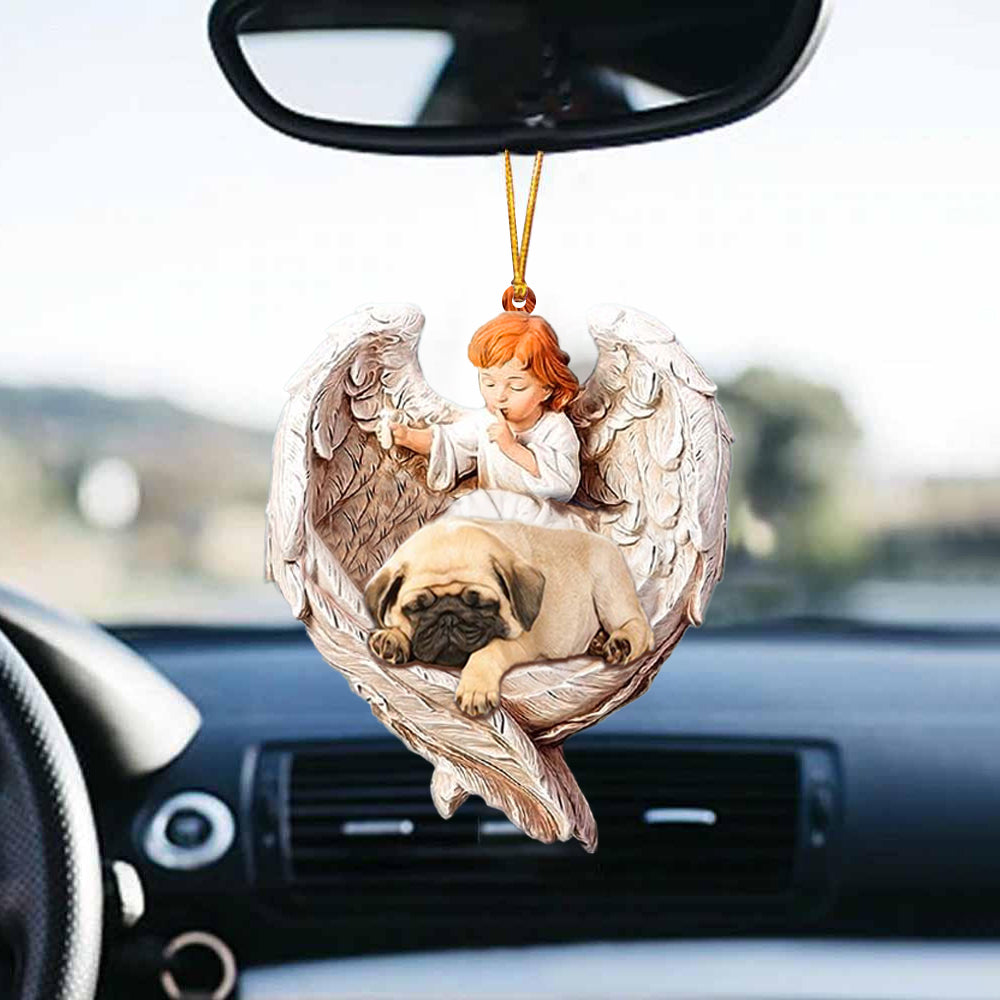 Cute Pug Sleeping Protected By Angel Auto Car Hanging Ornament