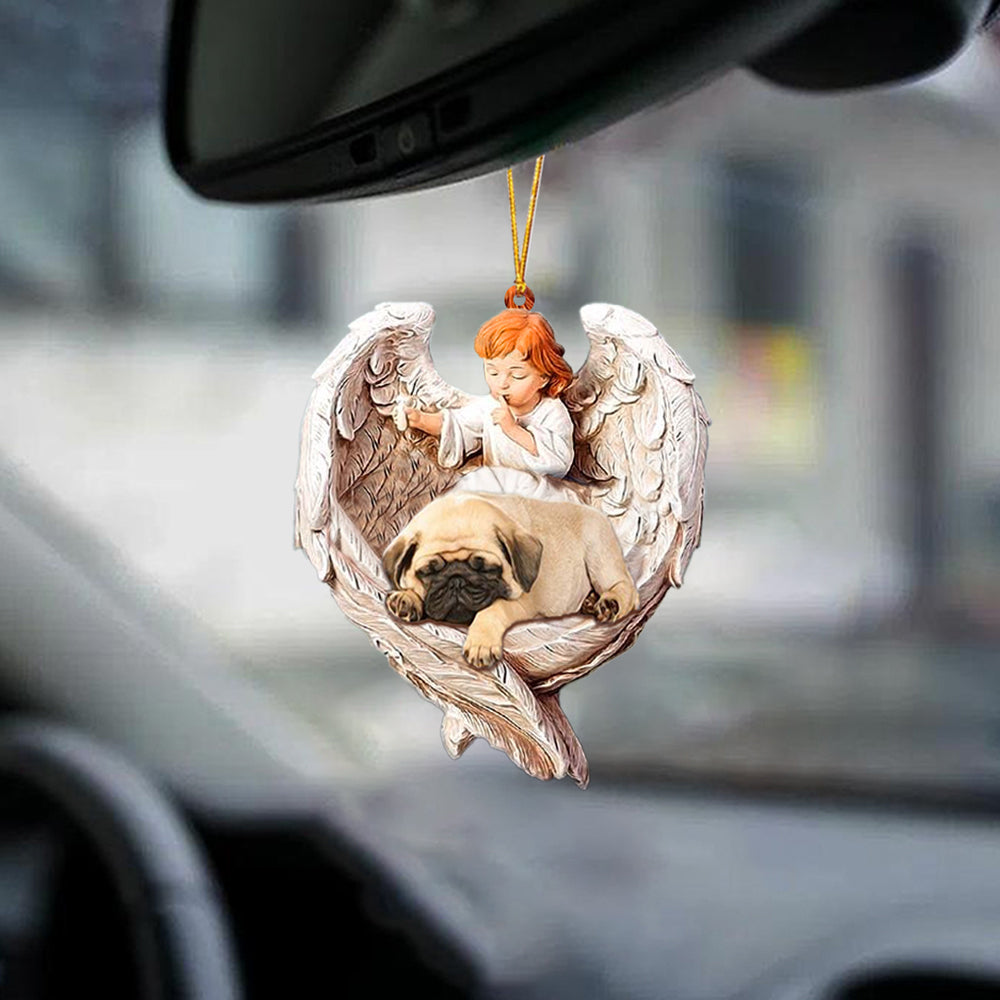 Cute Pug Sleeping Protected By Angel Auto Car Hanging Ornament