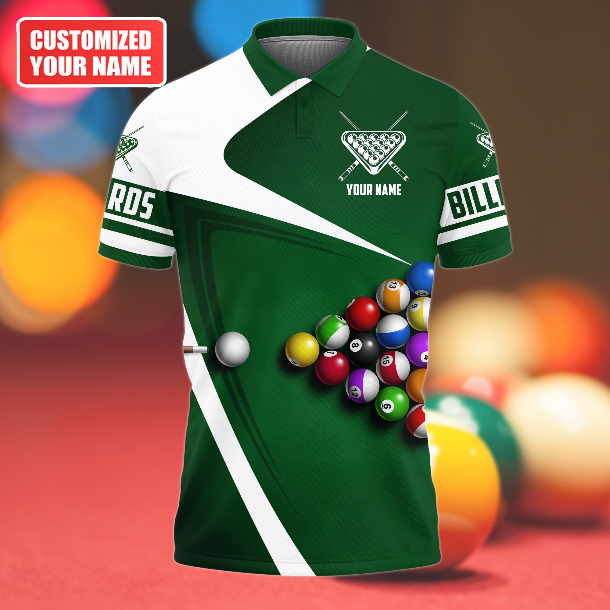 3D All Over Print White and Green Pool Polo Shirt/ Pool Table Billiard Shirt/ Gift for Men Women