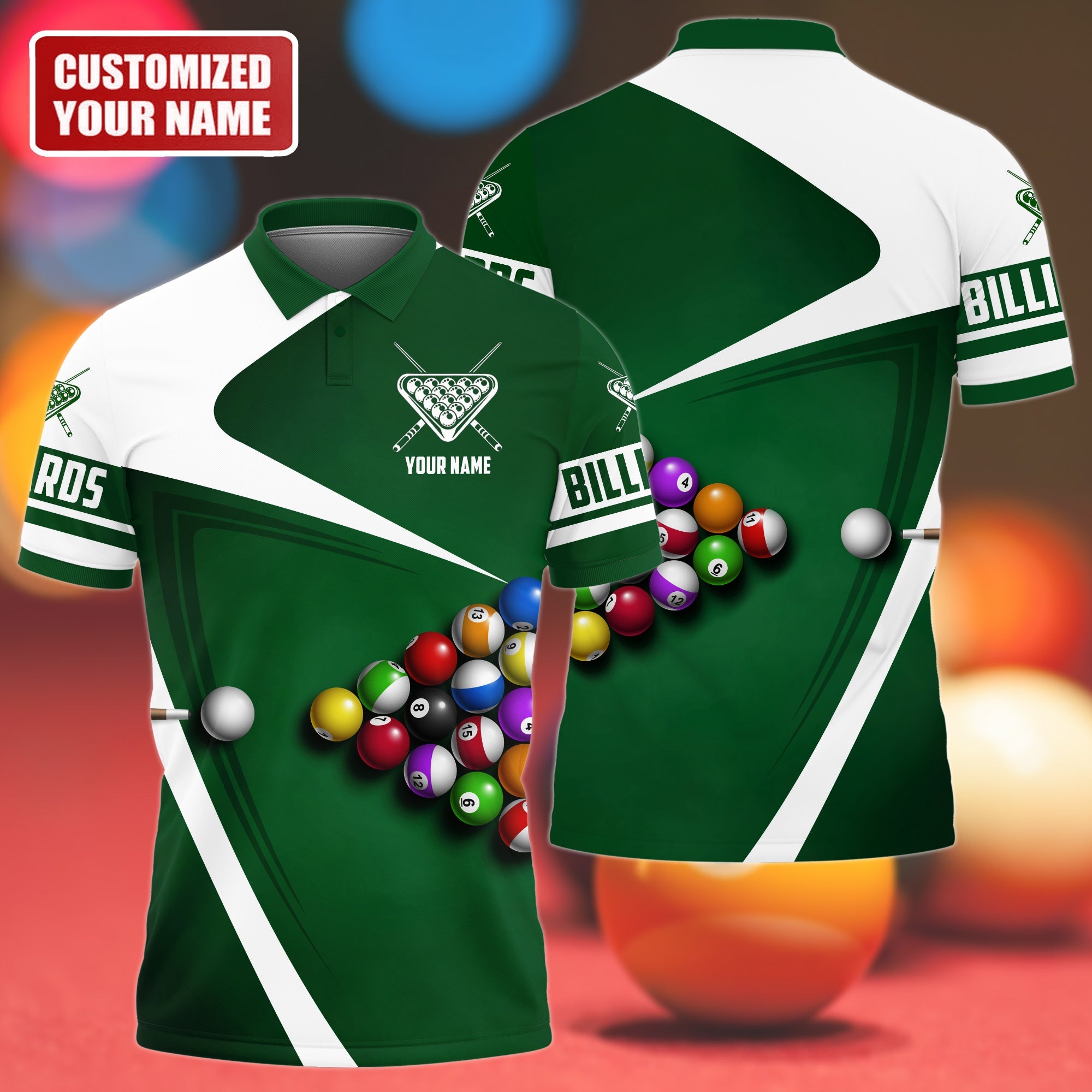 3D All Over Print White and Green Pool Polo Shirt/ Pool Table Billiard Shirt/ Gift for Men Women