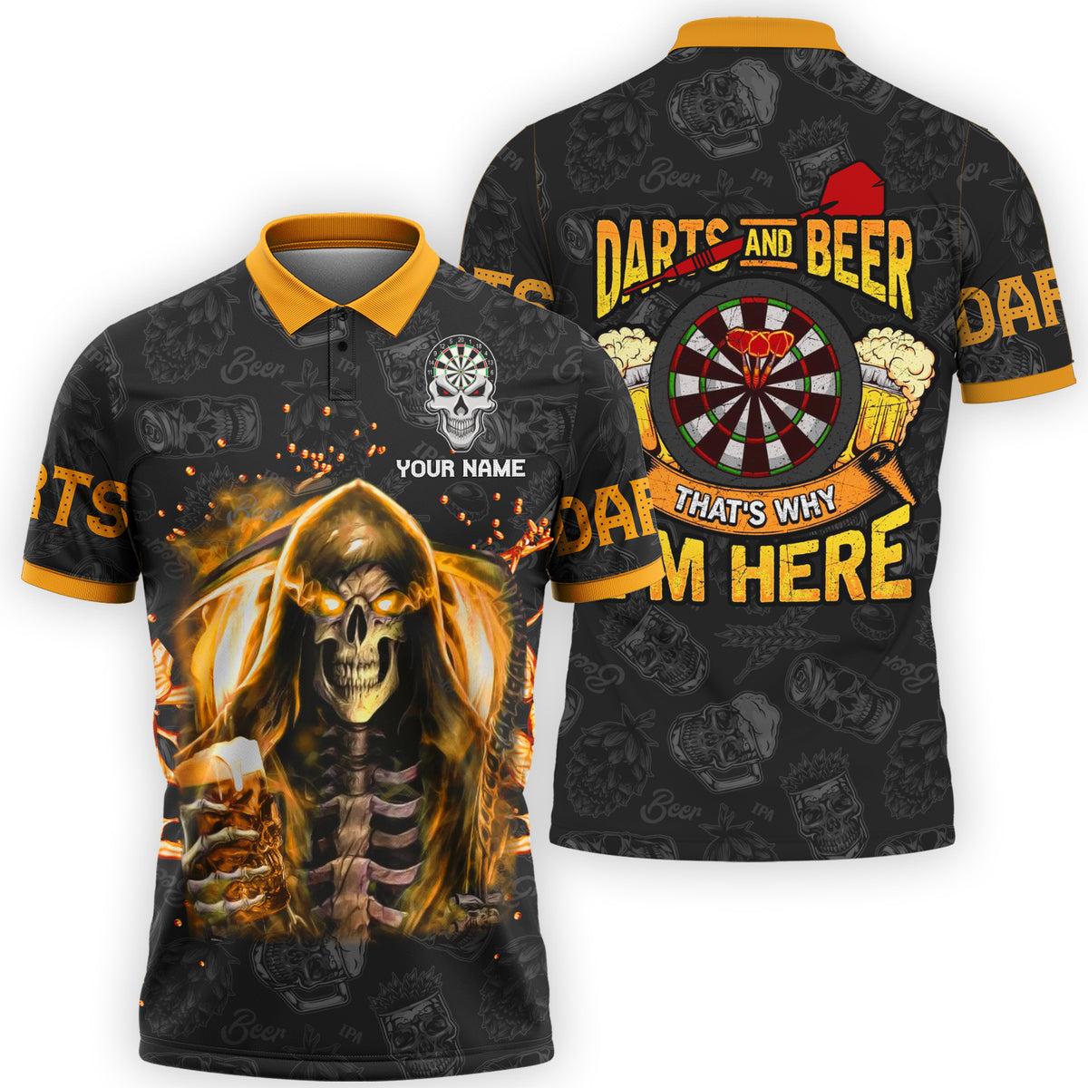 Personalized Name Darts Skull Beer All Over Printed Unisex Polo Shirt