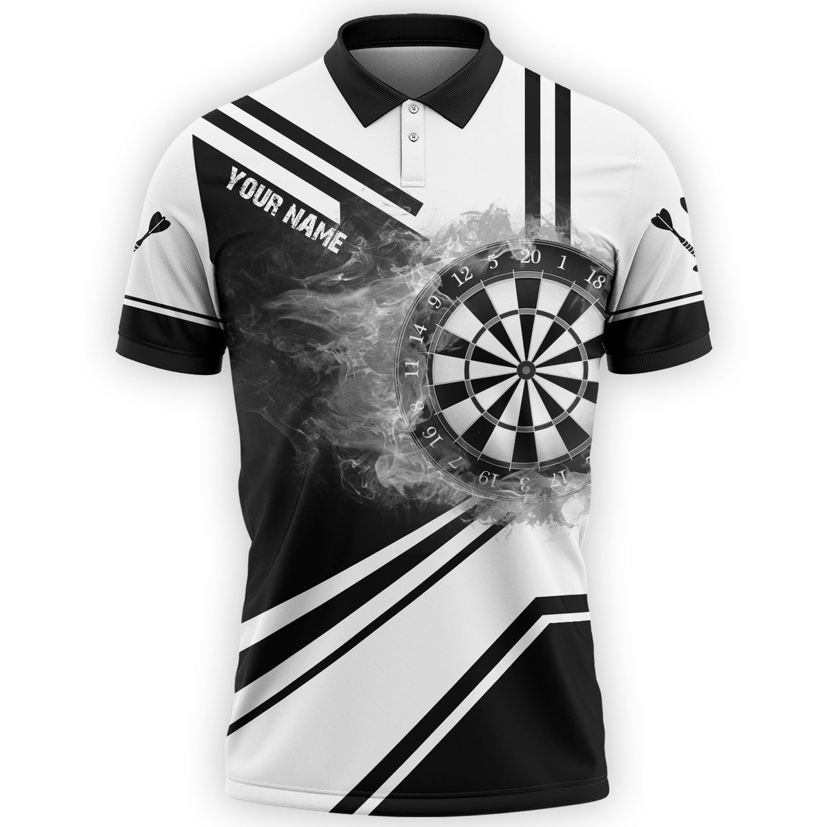 Black and White Dart Polo Shirt/ Personalized Name Dartboard Fire Shirt/ Uniform Dart Team
