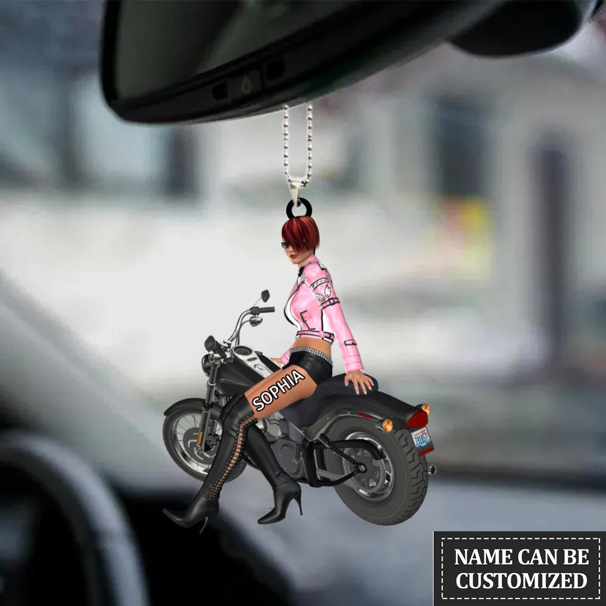 Personalized Flat Acrylic Car Ornament For Female Biker/ Woman Biker Car Hanging Ornament