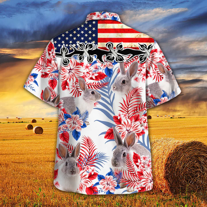 Rabbit Lovers American Flag Hawaiian Shirt/ Rabbit Hawaiian shirt vintage flower/ Hawaiian shirt men/ Hawaiian shirt women