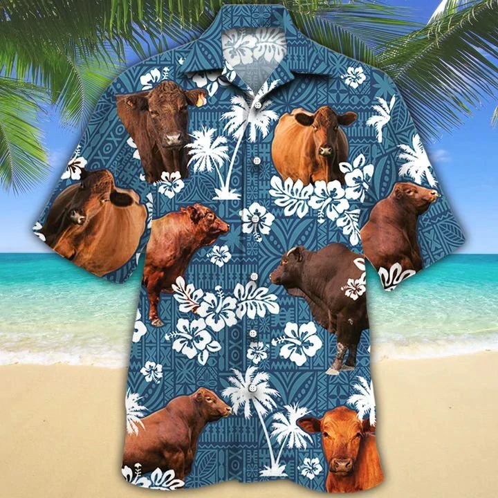 Red Angus Cattle Lovers Blue Tribal Hawaiian Shirt/ Hawaiian shirts for men/ Women