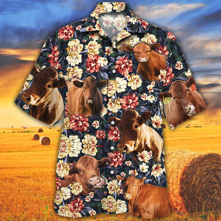 Cow Hawaiian shirt/ Summer Hawaiian shirt/ Animal shirt/ Red Angus Cattle Green Plaid Pattern Hawaiian Shirt