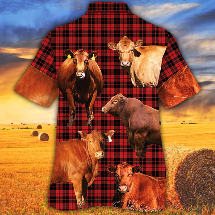 Red Angus Cattle Lovers Red Tartan Pattern Hawaiian Shirt - Animal hawaiian shirt/ Cow Aloha Shirt/ Gift For Cow Lovers