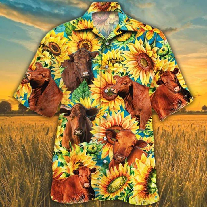 Red Angus Cattle Lovers Sunflower Watercolor Hawaiian Shirt/ Cow Hawaiian shirts for men/ women