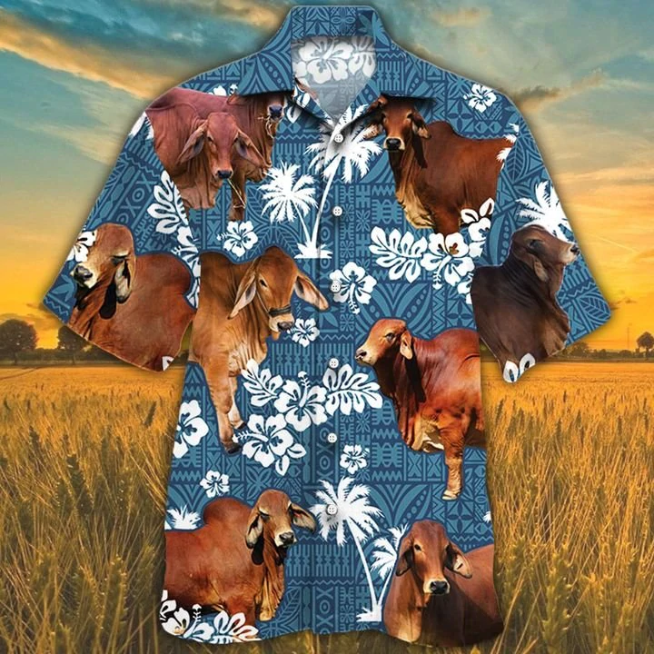 Red Brahman Cattle Lovers Blue Tribal Pattern Hawaiian Shirt/ Cow Hawaiian shirts/ cow aloha shirt for men/ Hawaii shirt woman