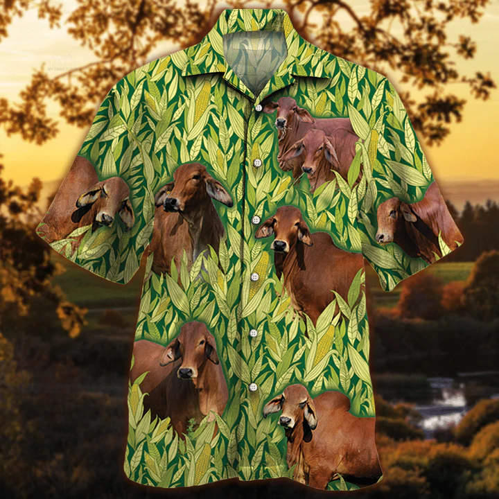 Red Brahman Cattle Lovers Corn Pattern Hawaiian Shirt/ Vintage Farm Hawaiian Shirts for Men