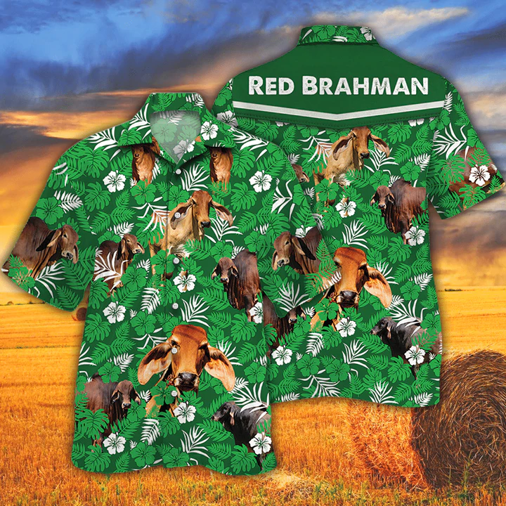 Cow men''s Hawaiian shirt - Vintage Farm Hawaiian Shirts/ Red Brahman Cattle Lovers Green Floral Pattern Hawaiian Shirt