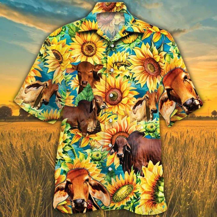 Red Brahman Hawaiian shirt for men/ women/ Cow Cattle Lovers Sunflower Watercolor Hawaiian Shirt