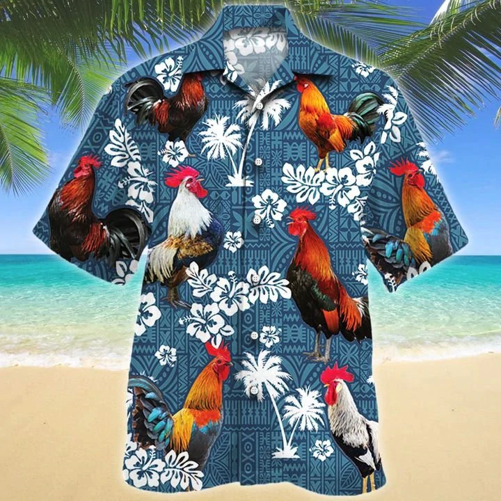 Rooster Lovers Blue Tribal Hawaiian Shirt/ Chicken Hawaiian shirts/ Rooster aloha shirt for men/ Hawaii shirt woman