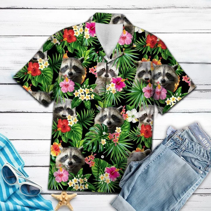 Raccoon Among Vivid Flowers And Leaves Hawaiian Shirt