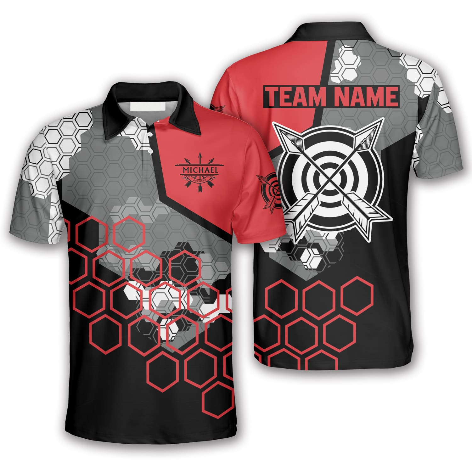 Red Black Honeycomb Pattern Custom Archery Shirts for Men/ Archery Polo Shirt