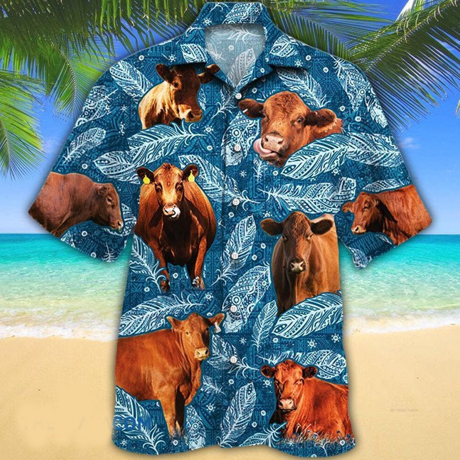Red Angus Cattle Lovers Blue Feather Hawaii Hawaiian Shirt