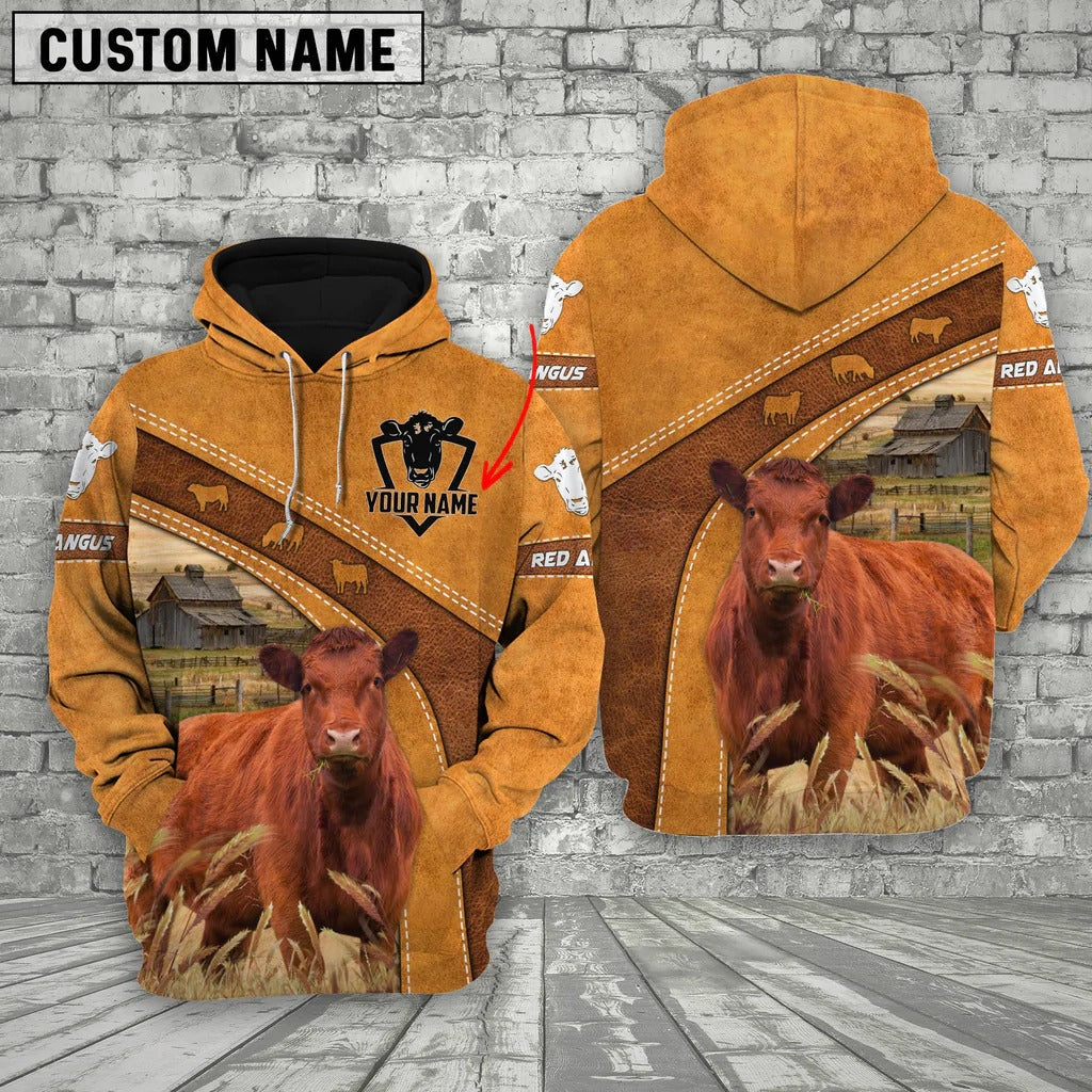 Personalized Name Farm Red Angus Cattle Hoodie 3D All Over Print/ Zip Hoodie For Farm Lover Farmer Gift