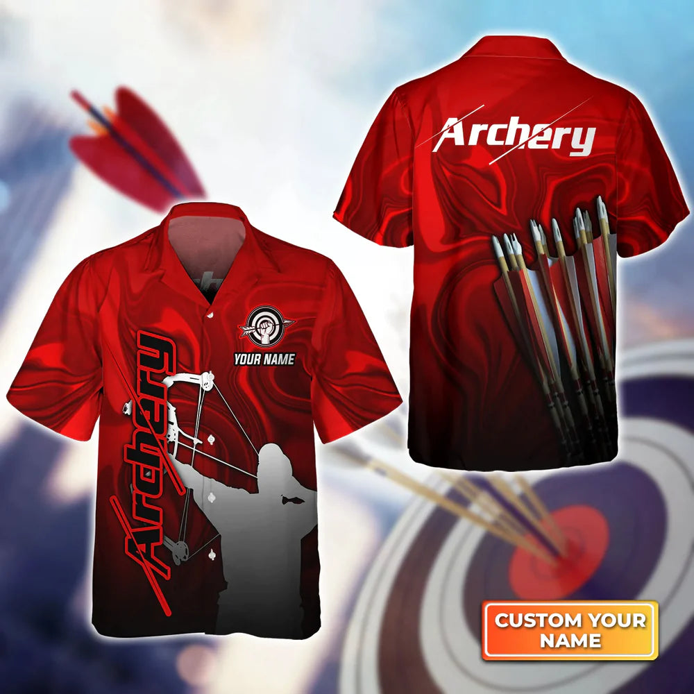 Red Archery Abstract Colorful Animation Personalized Name 3D Hawaiian Shirt/ Gift For Archer Sport Lovers/ Gift For Archer