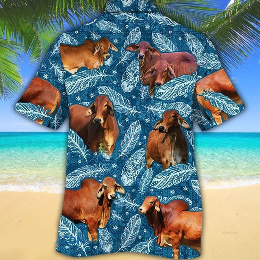 Red Brahman Cattle Lovers Blue Feather Hawaii Hawaiian Shirt
