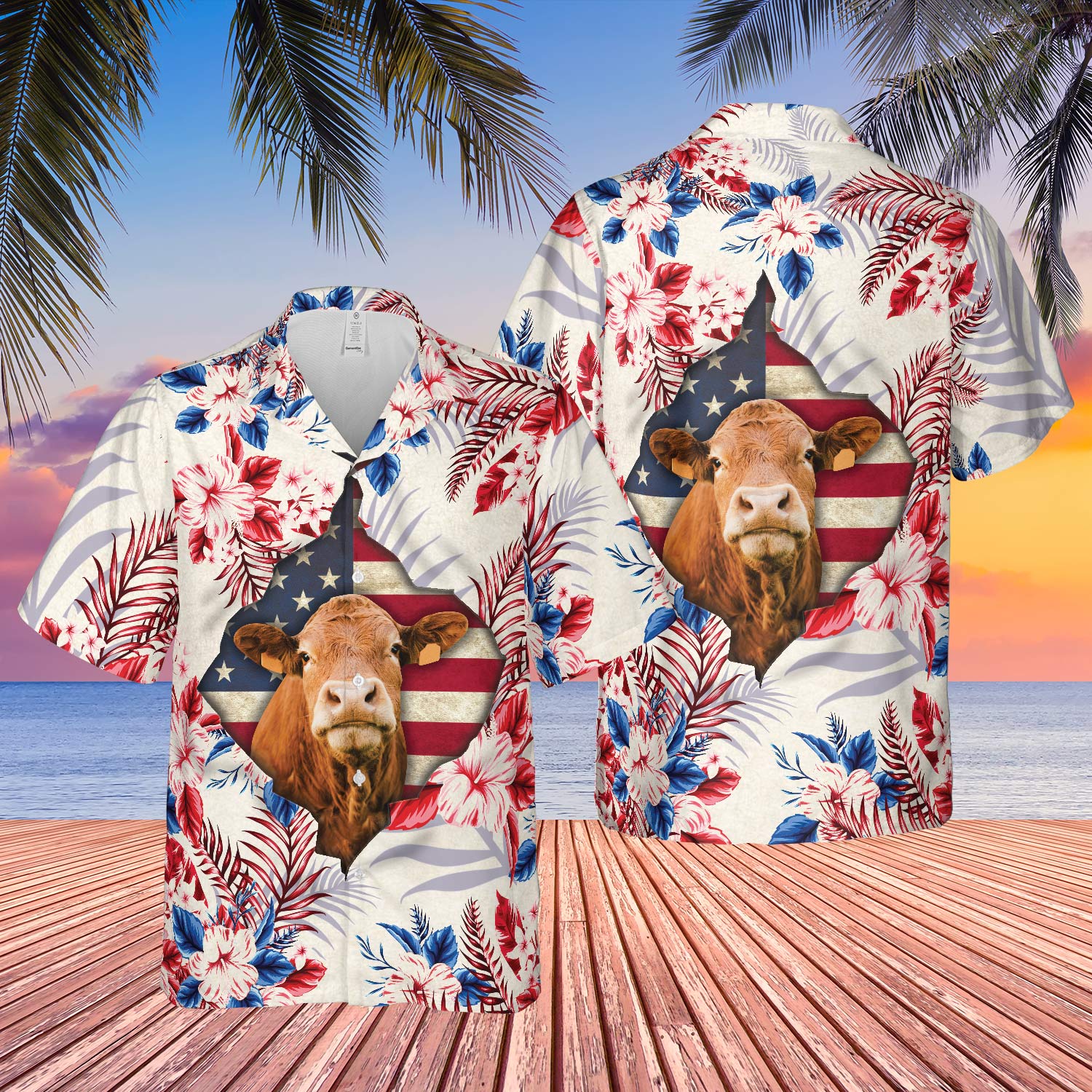 Red Angus Face Hibiscus Flower All Over Printed 3D Hawaiian Shirt