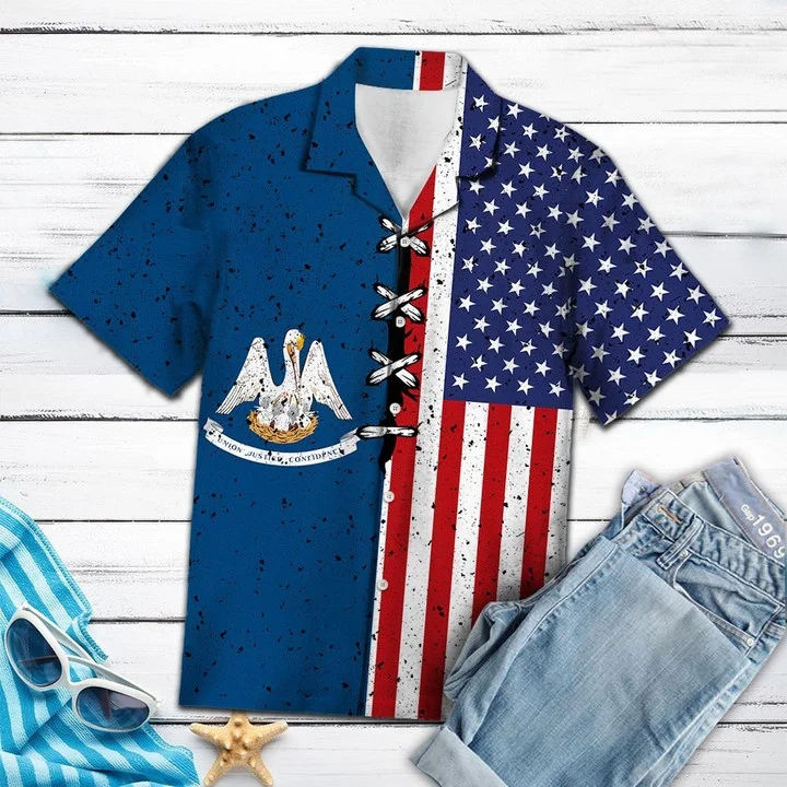 Retro Style Louisiana Usa Flag Pattern Hawaiian Shirt/ Summer hawaii shirt for Men women