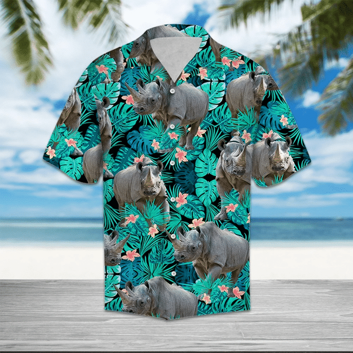 Rhino Tropical Leave And Flowers Hawaiian Shirt