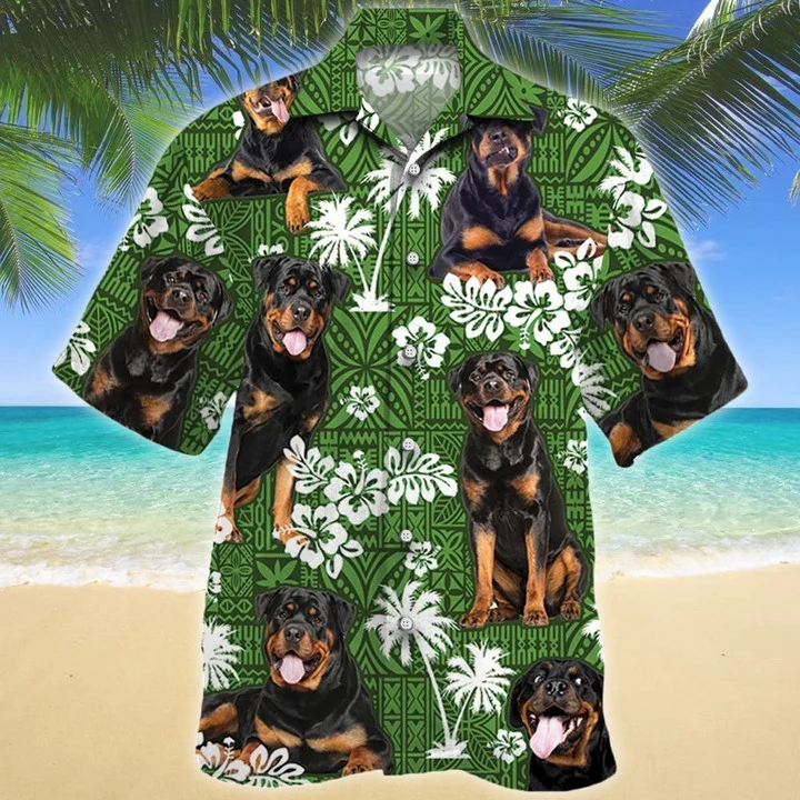 Rottweiler Dog Tongue Out On Green Tribal Pattern Hawaiian Shirt