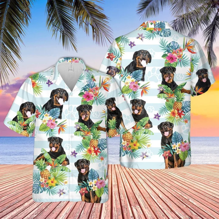 Rottweiler hawaiian shirt/ Dog Tropical Flower Blue And White Striped Hawaiian Shirt