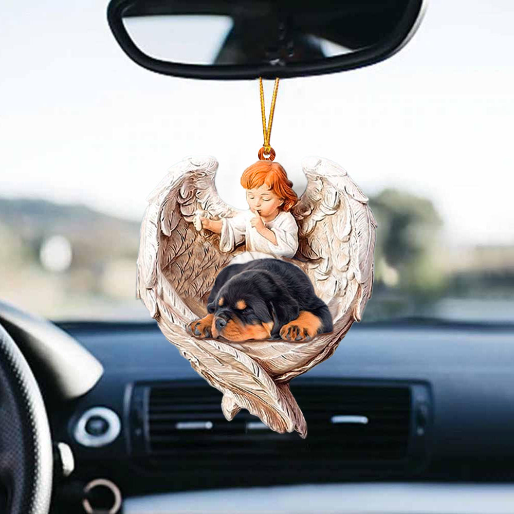 Sleeping Rottweiler Protected By Angel Car Hanging Ornament Dog Sleeping Ornament