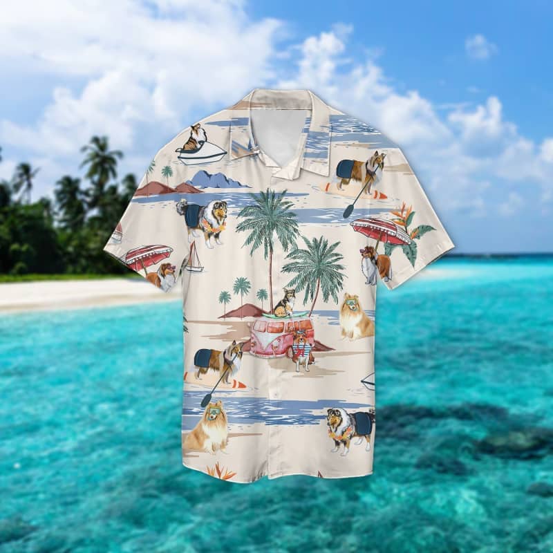 Rough Collie Summer Beach Hawaiian Shirt/ dog beach Short Sleeve Hawaiian Shirt