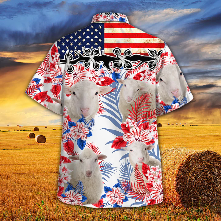 Sheep Lovers American Flag Hawaiian Shirt/ Sheep Hawaiian shirt vintage flower/ Hawaiian shirt men/ Hawaiian shirt women