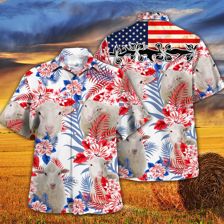 Sheep Lovers American Flag Hawaiian Shirt/ Sheep Hawaiian shirt vintage flower/ Hawaiian shirt men/ Hawaiian shirt women