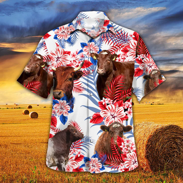 Shorthorn Cattle Lovers American Flag Hawaiian Shirt/ Cow aloha Hawaiian shirt/ Cow Hawaiian shirt vintage/ Hawaiian shirt men
