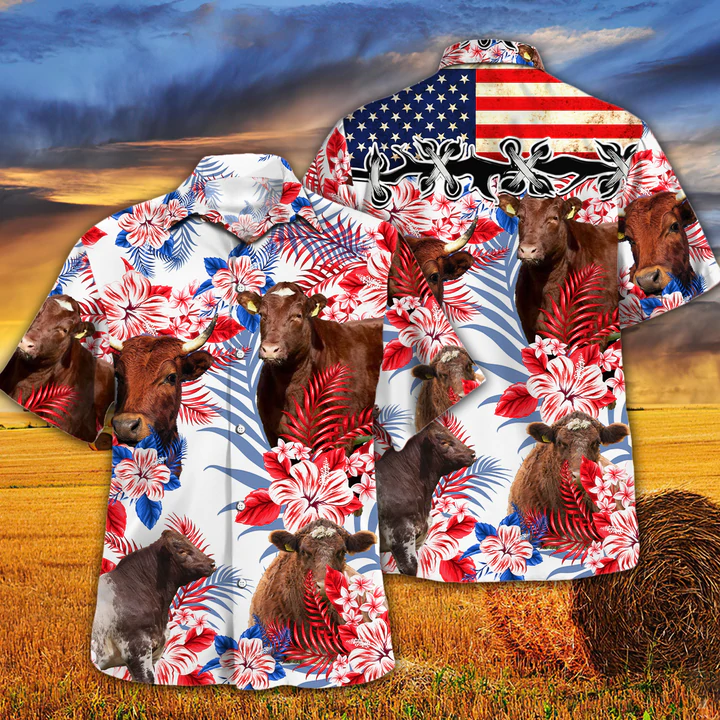 Shorthorn Cattle Lovers American Flag Hawaiian Shirt/ Cow aloha Hawaiian shirt/ Cow Hawaiian shirt vintage/ Hawaiian shirt men