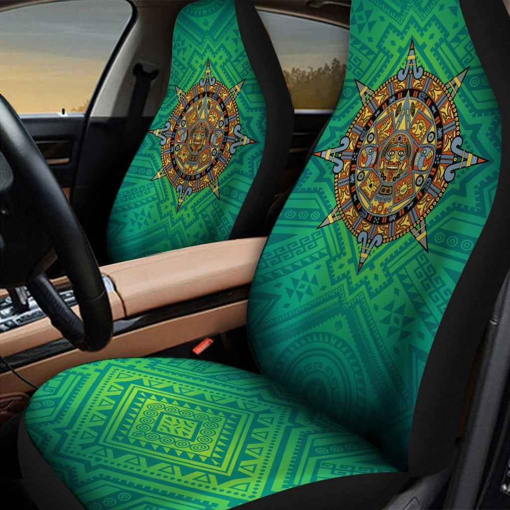 3D All Over Printed Green Car Seat Cover With Mexico Aztec/ Mexican Aztec Front Car Seat Cover