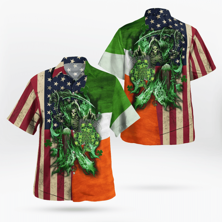 St. Patrick''s Day Hawaiian shirt/ Irish Grim Reaper Irish Flag And American Flag Hawaii Shirt