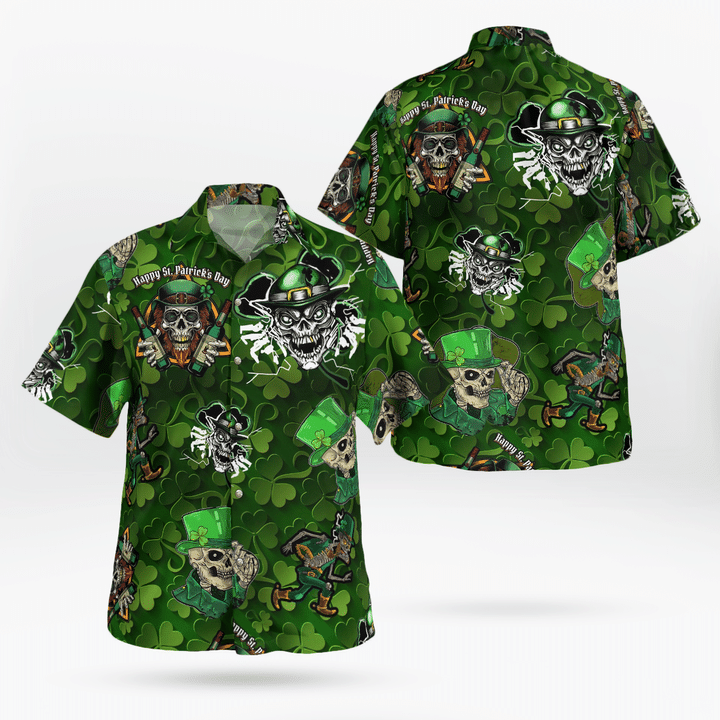 St. Patrick''s Day Skulls Skeletons With Green Hat And Four Leaf Vlover  Hawaii Shirt - Gift For Irish