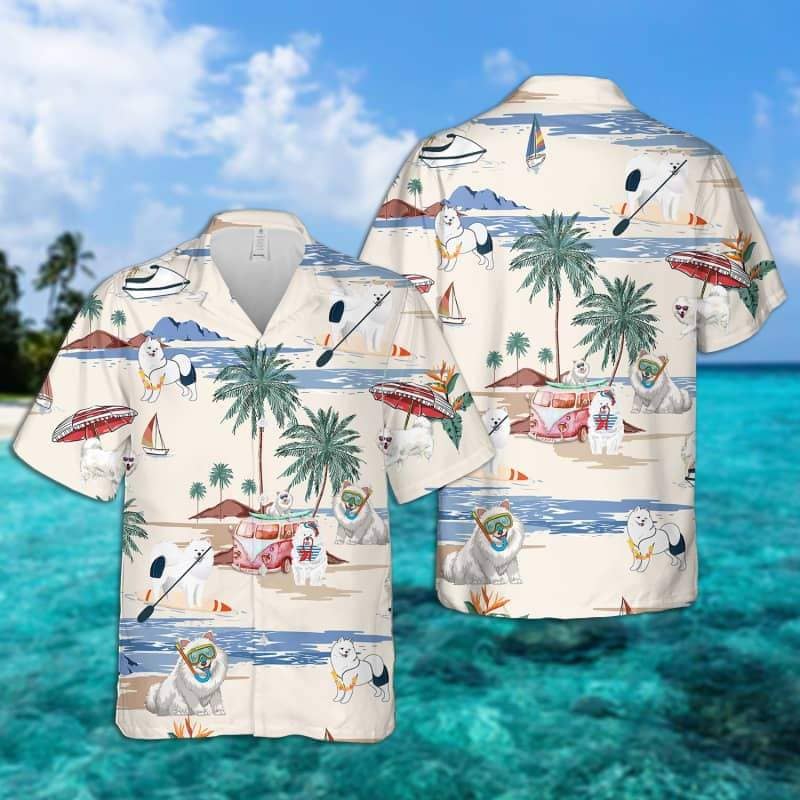 Samoyed Summer Beach Hawaiian Shirt/ dog beach Short Sleeve Hawaiian Shirt