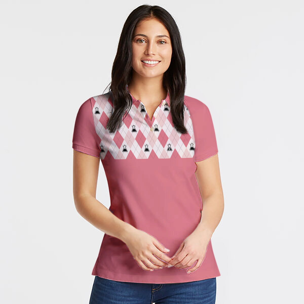 Science Pink Argyle Pattern Short Sleeve Women Polo Shirt Coolspod